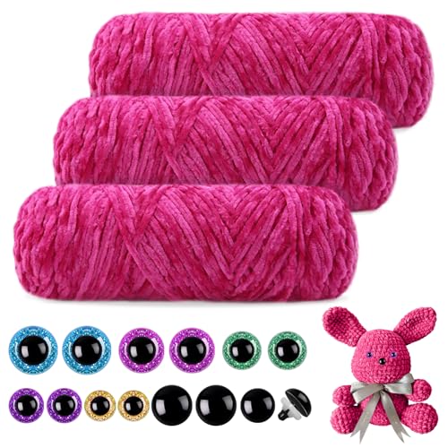 Mngevcy 3 x 150 m Chenille Wolle zum Häkeln, Flauschige Wolle, Weiche Chenille Garn mit 14 Sicherheitsaugen für Stricken, (Rose) von Mngevcy
