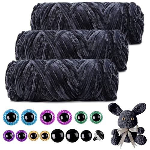 Mngevcy 3 x 150 m Chenille Wolle zum Häkeln, Flauschige Wolle, Weiche Chenille Garn mit 14 Sicherheitsaugen für Stricken, Dunkelgrau Mngevcy 3 x 150 m Chenille Wolle zum Häkeln, Flauschige Wolle, Weiche Chenille Garn mit 14 Sicherheitsaugen für Stricken, Dunkelgrau von Mngevcy