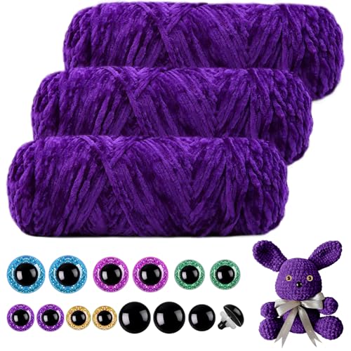 Mngevcy 3 x 150 m Chenille Wolle zum Häkeln, Flauschige Wolle, Weiche Chenille Garn mit 14 Sicherheitsaugen für Stricken (Dunkelviolett) von Mngevcy
