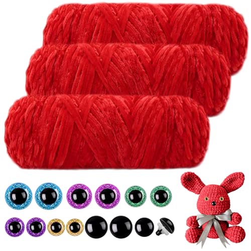 Mngevcy 3 x 150 m Chenille Wolle zum Häkeln, Flauschige Wolle, Weiche Chenille Garn mit 14 Sicherheitsaugen für Stricken (Leuchtend rot) von Mngevcy