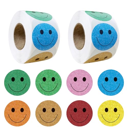 1000 Stück Smiley Aufkleber,Sticker Glitzer & Emoji Sticker,Happy Face Smile Aufkleber für Laptop,Schule,Lehrer,Kinder,Sticker Smiley für Scrapbook,Fahrrad & Party Dekorationen (25mm Bunt Glitzer) von MniimaLuxe