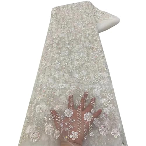 Mnjyihy Afrikanische Spitzenstoffe mit Pailletten für Abendkleider, französischer Perlen-Tüll-Spitzenstoff, 120 cm, 2,5 Yards-4 Mnjyihy Afrikanische Spitzenstoffe mit Pailletten für Abendkleider, französischer Perlen-Tüll-Spitzenstoff, 120 cm, 2,5 Yards-4 von Mnjyihy