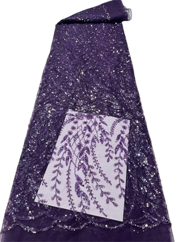 Mnjyihy Afrikanischer französischer Spitzenstoff, weicher Pailletten-Tüll, bestickter Stoff für Hochzeit, Abendkleid, 120 cm, 4 Yards-Lila Mnjyihy Afrikanischer französischer Spitzenstoff, weicher Pailletten-Tüll, bestickter Stoff für Hochzeit, Abendkleid, 120 cm, 4 Yards-Lila von Mnjyihy