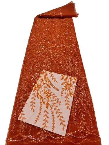 Mnjyihy Afrikanischer französischer Spitzenstoff, weicher Pailletten-Tüll, bestickter Stoff für Hochzeit, Abendkleid, 120 cm, 6 Yards-Orange von Mnjyihy