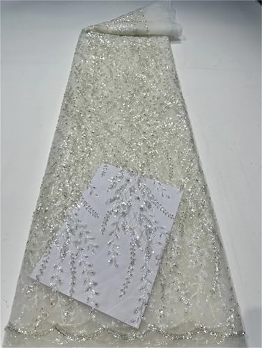 Mnjyihy Afrikanischer französischer Spitzenstoff, weicher Pailletten-Tüll, bestickter Stoff für Hochzeit, Abendkleid, 120 cm, 6 Yards-Weiß von Mnjyihy