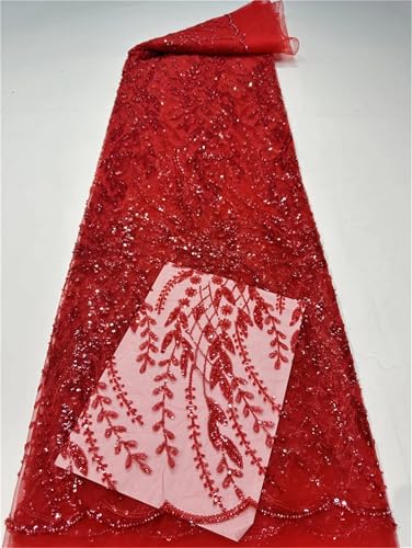 Mnjyihy Afrikanischer französischer Spitzenstoff, weicher Pailletten-Tüll, bestickter Stoff für Hochzeit, Abendkleid, 120 cm, Rot von Mnjyihy