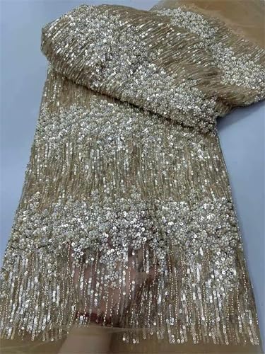 Mnjyihy Nigerianischer afrikanischer Perlenspitzenstoff, Pailletten, Stickerei, afrikanischer französischer Spitzenstoff zum Nähen von Kleid, 120 cm, 4,5 m - 6 von Mnjyihy