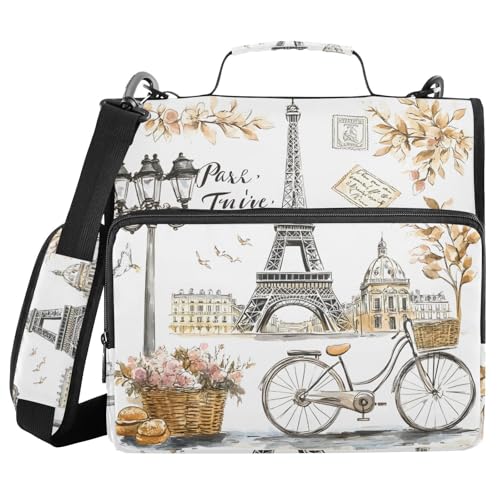 3-Ring-Reißverschlussbuch mit Schultergurt, Eiffelturm-Blume, Fahrrad-Bindertasche, erweiterbarer Aktenordner, Aufbewahrung, mehrere Taschen von Mnsruu