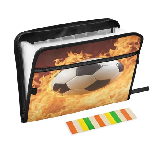 Aktenordner mit 13 Fächern, Motiv: Feuerhintergrund, Fußball, Fächermappe mit Vordertasche, tragbare Business-Dateiaufbewahrung, Dokumenten-Organizer, Ordner mit Reißverschluss von Mnsruu