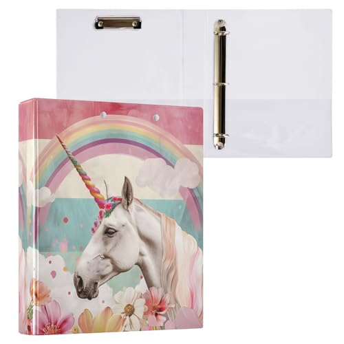 Aktenordner mit 3 Ringen, Einhorn-Blumen, Wolken, Regenbogenfarben, hält 200 Blatt, Aktenaufbewahrung für Damen, Herren, Schule, Bürobedarf von Mnsruu