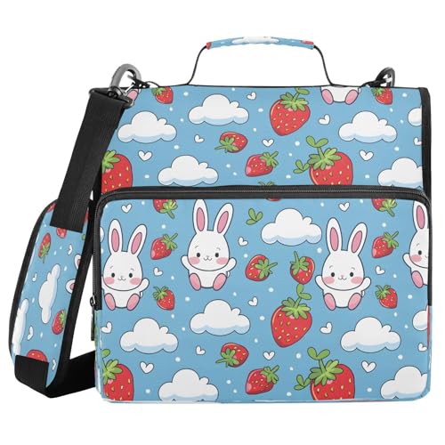 Bindertasche mit Reißverschluss, Motiv: Kaninchen und Erdbeere, mit Griff, Schultergurt, 3-Ringbuch, Organizer für Schule, Arbeit, Büro Bindertasche mit Reißverschluss, Motiv: Kaninchen und Erdbeere, mit Griff, Schultergurt, 3-Ringbuch, Organizer für Schule, Arbeit, Büro von Mnsruu