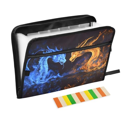 Blue Dragon Orange Dragon Fächermappe mit 13 Fächern, Fächermappe mit Vordertasche, tragbare Business-Aktenaufbewahrung, Dokumenten-Organizer, Ordner mit Reißverschluss von Mnsruu