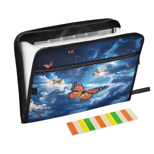 Butterfly Sky Fächermappe mit 13 Fächern, Fächermappe mit Vordertasche, tragbare Business-Aktenaufbewahrung, Dokumenten-Organizer, Ordner mit Reißverschluss von Mnsruu