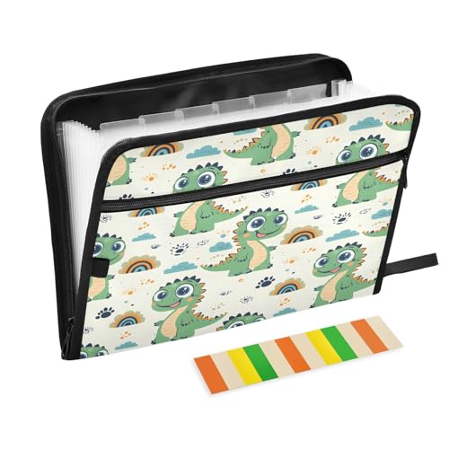 Dokumenten-Organizer, Fächermappe mit 13 Fächern, mit Vordertasche, tragbar, mit Reißverschluss, Dinosaurier-Regenbogen-Muster, Grün von Mnsruu