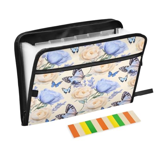 Dokumenten-Organizer mit 13 Fächern, Fächermappe mit Vordertasche, tragbar, mit Reißverschluss, Motiv: Blaue Schmetterlinge und Rosen von Mnsruu