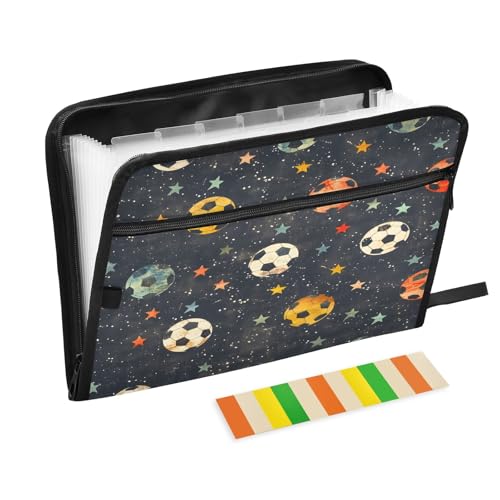 Fächermappe mit 13 Fächern, Vintage-Design, Motiv: Fußballsterne, Fächermappe mit Vordertasche, tragbar, Business-Aktenaufbewahrung, Dokumenten-Organizer, Ordner mit Reißverschluss von Mnsruu