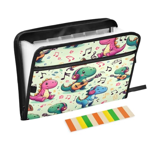 Fächermappe mit Dinosaurier-Motiv für Musik, 13 Fächer, mit Etiketten, A4-Papier, Dokumente, Akkordeon, Ordner, Ordner, Reißverschluss von Mnsruu