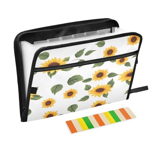 Fächermappe mit Sonnenblumen- und Blättermuster, 13 Fächer, Fächermappe mit Vordertasche, tragbare Business-Aktenaufbewahrung, Dokumenten-Organizer, Ordner mit Reißverschluss von Mnsruu