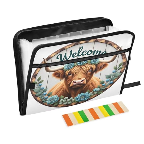 Flower Highland Cattle Fächermappe mit 13 Fächern, Fächermappe mit Vordertasche, tragbare Business-Aktenaufbewahrung, Dokumenten-Organizer, Ordner mit Reißverschluss von Mnsruu