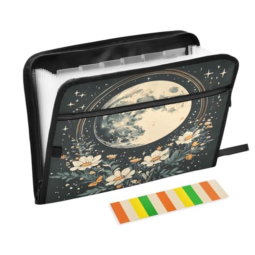 Flower Moon Fächermappe mit 13 Fächern, Fächermappe mit Vordertasche, tragbare Business-Aktenaufbewahrung, Dokumenten-Organizer, Ordner mit Reißverschluss von Mnsruu