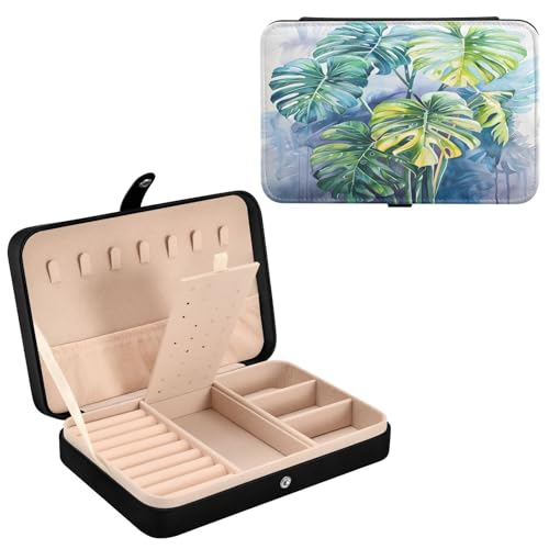 Leder-Schmuckschatulle, bemalte Monstera-Pflanze, Halskette, Ring, Ohrringe, Organizer für Damen, Reise-Schmuck-Organizer Leder-Schmuckschatulle, bemalte Monstera-Pflanze, Halskette, Ring, Ohrringe, Organizer für Damen, Reise-Schmuck-Organizer von Mnsruu