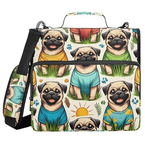 Mappe mit Mops-Motiv, 3-Ring-Reißverschluss, mit Griff, Schultergurt, 500 Blatt Kapazität, mehrere Taschen, Aufbewahrungstasche für Schule, Büro von Mnsruu