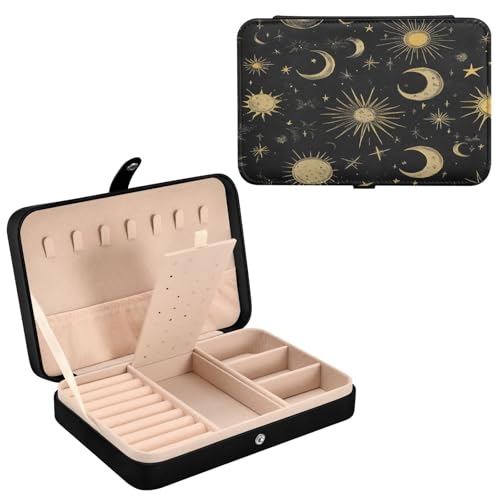 Mnsruu Boho-Leder-Schmuckschatulle, himmlische Sonne, Mond, Stern, für Halsketten, Ringe, Ohrringe, Organizer für Damen, Reise-Schmuck-Organizer von Mnsruu