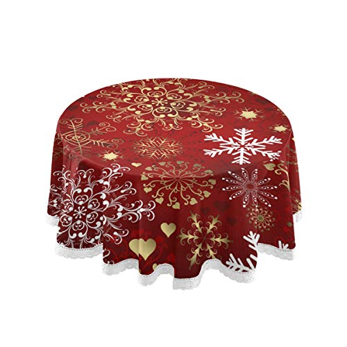 Mnsruu 152,4 cm runde goldene und weiße Schneeflocke Weihnachtstischdecke Tischdecke Dekorative Spitze Makramee für Buffet-Tisch, Party, Urlaubsessen von Mnsruu