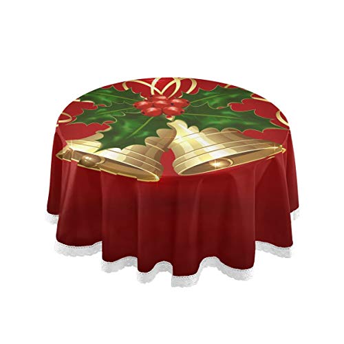 Mnsruu Tischdecke, rund, goldfarben, Weihnachtsglocke, rote Spitze, Makramee für Buffet, Party, Urlaub, Abendessen, 152,4 cm von Mnsruu
