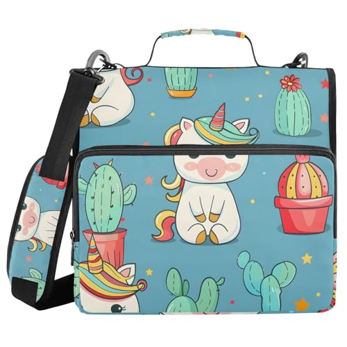 Niedliches Einhorn-Cartoon-Kaktus-Mappe mit 3-Ring-Reißverschluss, mit Griff, Schultergurt, 500 Blatt Kapazität, mehrere Taschen, Aufbewahrungstasche für Schule, Büro von Mnsruu