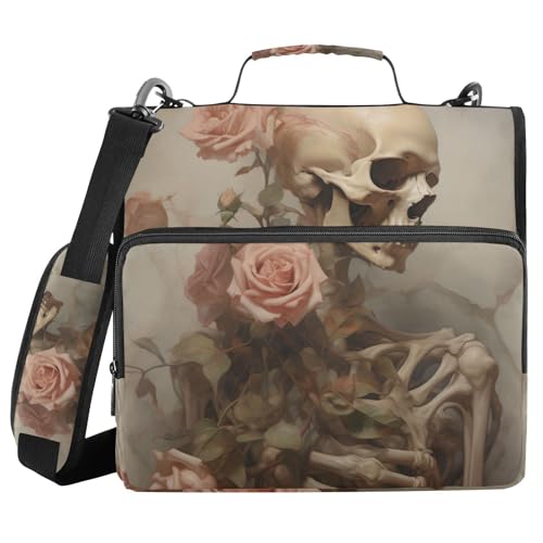 Ordner mit 3 Ringen, Reißverschluss, Schulterriemen, Totenkopf-Muster, Rosen, Ordner, Tasche, Fächermappe, Aufbewahrung, mehrere Taschen Ordner mit 3 Ringen, Reißverschluss, Schulterriemen, Totenkopf-Muster, Rosen, Ordner, Tasche, Fächermappe, Aufbewahrung, mehrere Taschen von Mnsruu