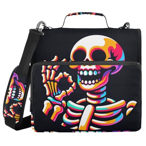 Ordner mit 3 Ringen, Reißverschluss, Schulterriemen, Totenkopf mit Ok Geste, Ordner, Tasche, erweiterbarer Aktenordner, Aufbewahrung, mehrere Taschen von Mnsruu