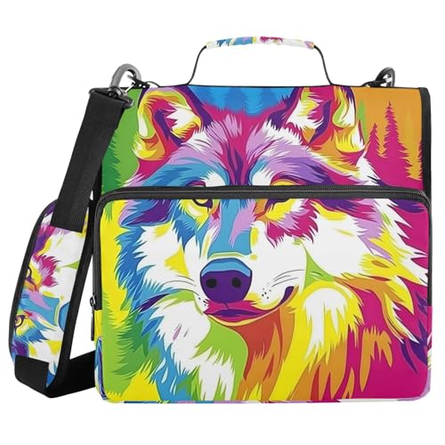 Ordner mit 3 Ringen, Reißverschluss, Schulterriemen, Wolfsmuster, S-Ordner, Fächermappe, mehrere Taschen von Mnsruu