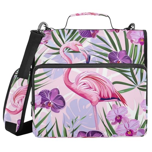 Ordner mit 3 Ringen, Reißverschluss, mit Schultergurt, violette Blumen, Flamingo, Fächermappe, Ordner, Aufbewahrung, mehrere Taschen von Mnsruu