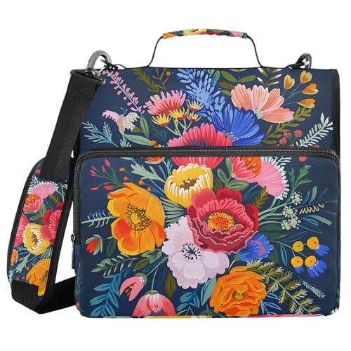 Ordner mit 3 Ringen, Reißverschluss und Schultergurt, lebendige Gouache-Illustration, ein Blumenstrauß, Ordnertasche, Fächermappe, mehrere Taschen von Mnsruu