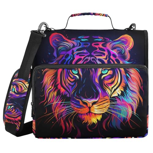Ordner mit 3 Ringen, Reißverschluss und Schultergurt, neonfarbener Tigerkopf, Fächermappe, mehrere Taschen Ordner mit 3 Ringen, Reißverschluss und Schultergurt, neonfarbener Tigerkopf, Fächermappe, mehrere Taschen von Mnsruu