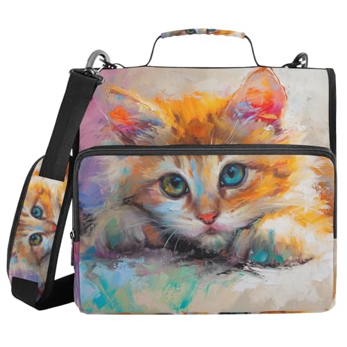 Ordner mit 3 Ringen und Reißverschluss, mit Schultergurt, Aquarellfarben, Katze, Kätzchen, Fächermappe, Aufbewahrung, mehrere Taschen von Mnsruu