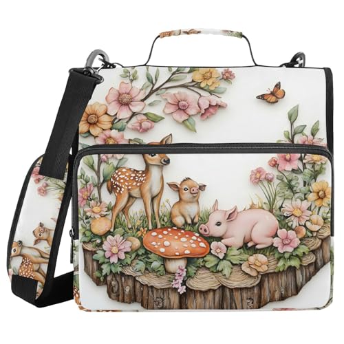Ordner mit 3 Ringen und Reißverschluss, mit Schultergurt, Blume, Tier, Hirsch, Schwein, eine Ordnertasche, erweiterbarer Aktenordner, Aufbewahrung, mehrere Taschen von Mnsruu