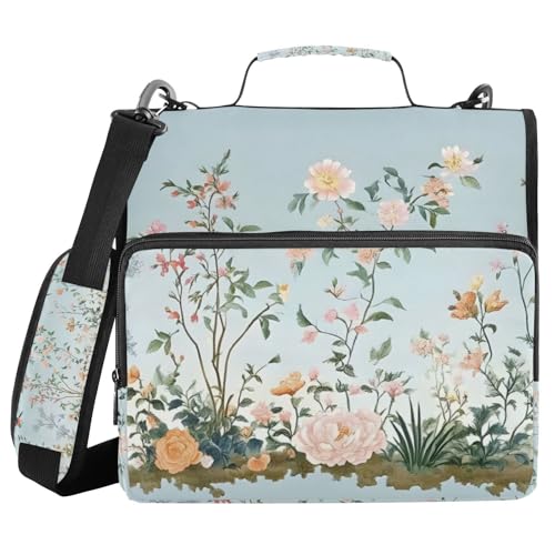 Ordner mit 3 Ringen und Reißverschluss, mit Schultergurt, Blumen und Vögel, Bilderbinder, Tasche, Fächermappe, Aufbewahrung, mehrere Taschen von Mnsruu