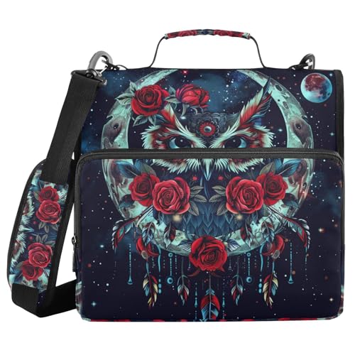Ordner mit 3 Ringen und Reißverschluss, mit Schultergurt, Eulen-Rosen, Boho-Stil, Fächermappe, Ordner, Aufbewahrung, mehrere Taschen von Mnsruu