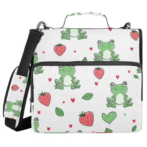 Ordner mit 3 Ringen und Reißverschluss, mit Schultergurt, Frosch, Erdbeere, Fächermappe, Ordner, Aufbewahrung, mehrere Taschen von Mnsruu
