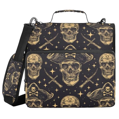 Ordner mit 3 Ringen und Reißverschluss, mit Schultergurt, Piratenschädel, Fächermappe, mehrere Taschen, Schwarz / Gold von Mnsruu
