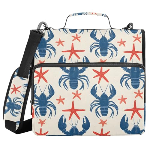 Ordner mit 3 Ringen und Reißverschluss, mit Schultergurt, Retro, blau, Hummer, Fächermappe, Aufbewahrung, mehrere Taschen Ordner mit 3 Ringen und Reißverschluss, mit Schultergurt, Retro, blau, Hummer, Fächermappe, Aufbewahrung, mehrere Taschen von Mnsruu