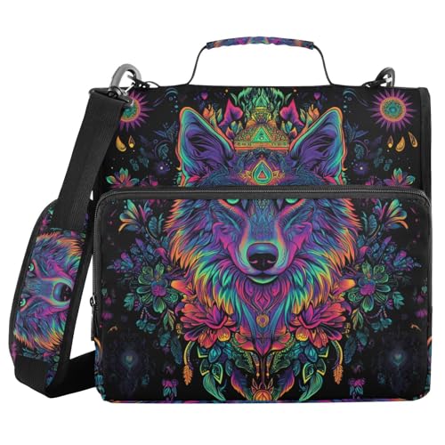 Ordner mit 3 Ringen und Reißverschluss, mit Schultergurt, Tribal Wolf, Neon-Blumenmuster, Fächermappe mit mehreren Taschen Ordner mit 3 Ringen und Reißverschluss, mit Schultergurt, Tribal Wolf, Neon-Blumenmuster, Fächermappe mit mehreren Taschen von Mnsruu