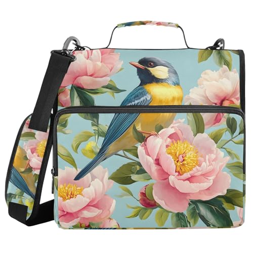 Ordner mit 3 Ringen und Reißverschluss, mit Schultergurt, Vogel-Frühlings-Blumenmuster, Fächermappe mit mehreren Taschen von Mnsruu