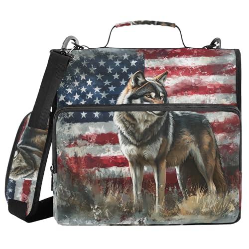 Ordner mit 3 Ringen und Reißverschluss, mit Schultergurt, amerikanische Flagge, Wolfsstreifen, eine Ordnertasche, erweiterbarer Aktenordner, Aufbewahrung, mehrere Taschen von Mnsruu