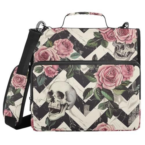 Ordner mit 3 Ringen und Reißverschluss, mit Schultergurt, rosa Rosen, Totenkopf, Fächermappe, Ordner, Aufbewahrung, mehrere Taschen Ordner mit 3 Ringen und Reißverschluss, mit Schultergurt, rosa Rosen, Totenkopf, Fächermappe, Ordner, Aufbewahrung, mehrere Taschen von Mnsruu