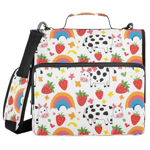Ordnertasche mit Reißverschluss, Erdbeere, Regenbogenkuh, mit Griff, Schultergurt, 3-Ringbuch, Organizer für Schule, Arbeit, Büro Ordnertasche mit Reißverschluss, Erdbeere, Regenbogenkuh, mit Griff, Schultergurt, 3-Ringbuch, Organizer für Schule, Arbeit, Büro von Mnsruu