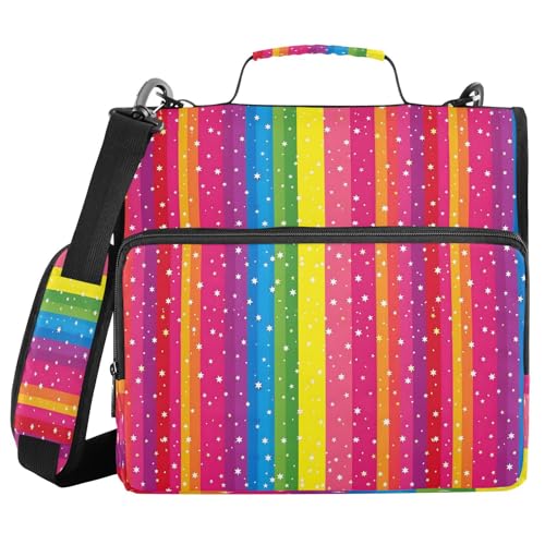 Ordnertasche mit Reißverschluss, Regenbogenstreifen und Sternen, mit Griff, Schultergurt, 3-Ringbuch, Organizer für Schule, Arbeit, Büro von Mnsruu