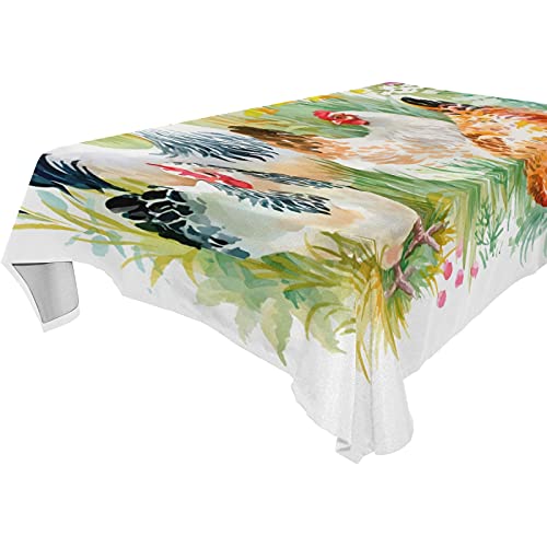 Rechteckige Tischdecke mit Huhn und Hahn im Gras, Stoff-Tischdecke für Küche, Esszimmer, Dekoration, 137 x 137 cm von Mnsruu